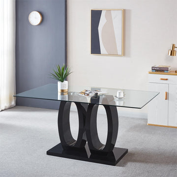 Contemporary Double Pedestal Dining Table, Tempered Glass Top With Mdf Base Black Tempered Glass