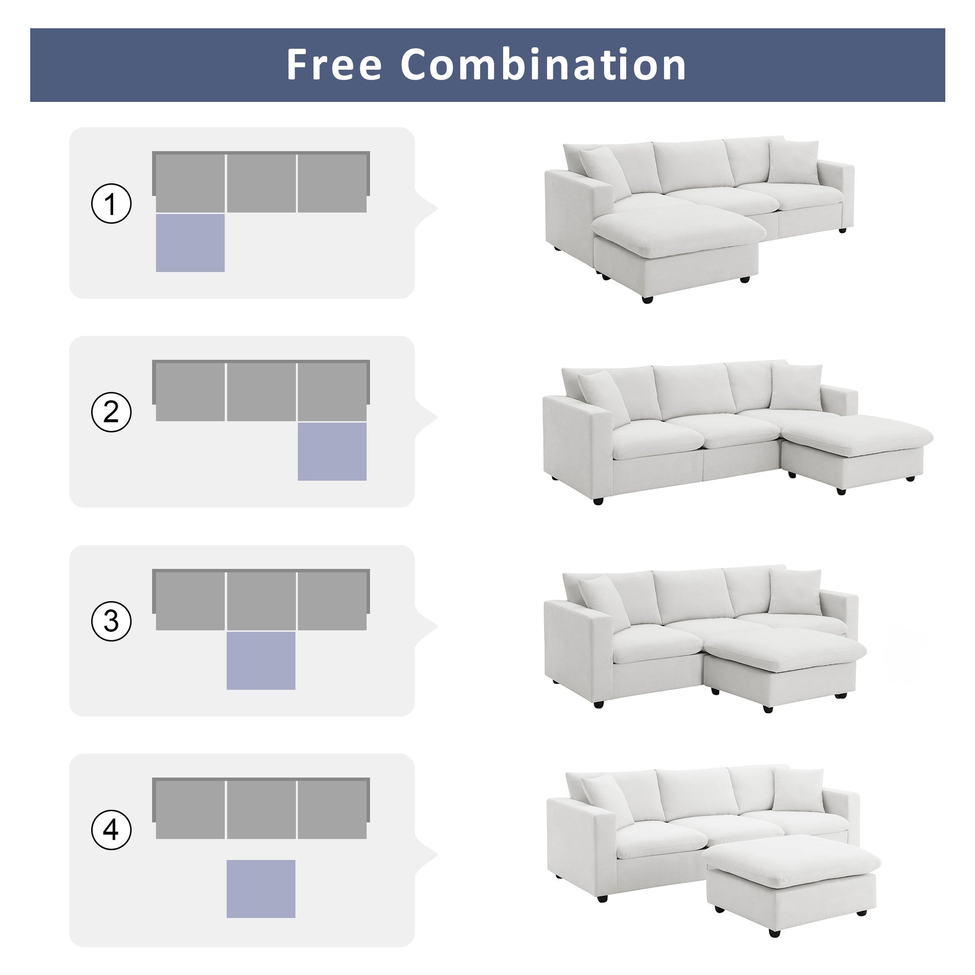 100.4*64.6" Modern Sectional Sofa,L Shaped Couch Set With 2 Free Pillows,4 Seat Polyester Fabric Couch Set With Convertible Ottoman For Living Room, Apartment, Office,4 Colors White Polyester 3 Seat