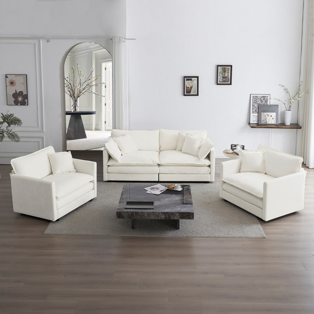 3 Piece Sofa Set With Arm Pillows And Toss Pillowssofa Set Include 2 Piece Of Arm Chair And One 2 Seat Sofa, Space Saving Casual Sofa Set For Living Room, White Chenille Ameican White Oak Acrylic 4 Seat