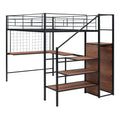 Full Size Metal Loft Bed With Desk And Metal Grid, Stylish Metal Frame Bed With Lateral Storage Ladder And Wardrobe, Black Black Metal