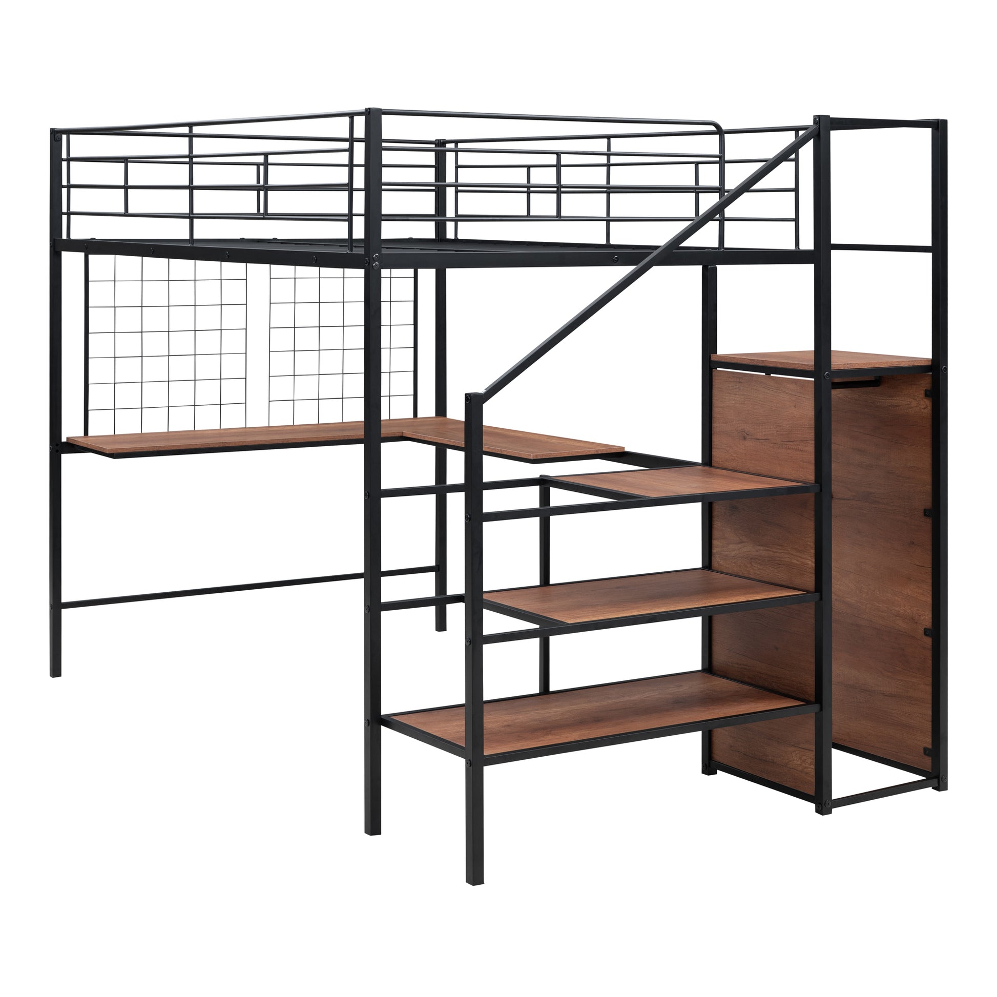 Full Size Metal Loft Bed With Desk And Metal Grid, Stylish Metal Frame Bed With Lateral Storage Ladder And Wardrobe, Black Black Metal