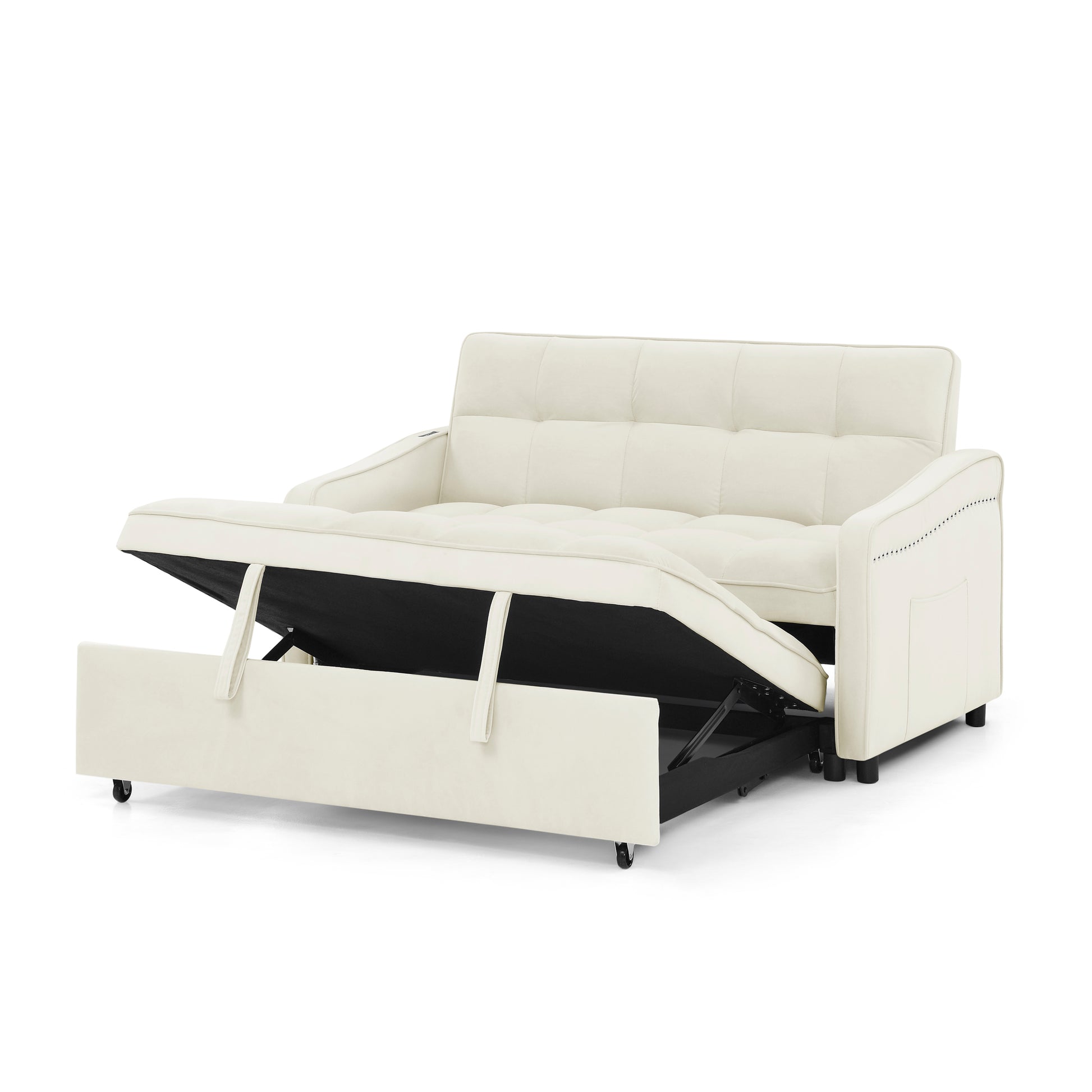 Loveseats Sofa Bed With Pull Out Bed,Adjsutable Back And Two Arm Pocket,Typec And Usb Charging With Copper Nail,Beige 47"X53"X31" Beige Foam