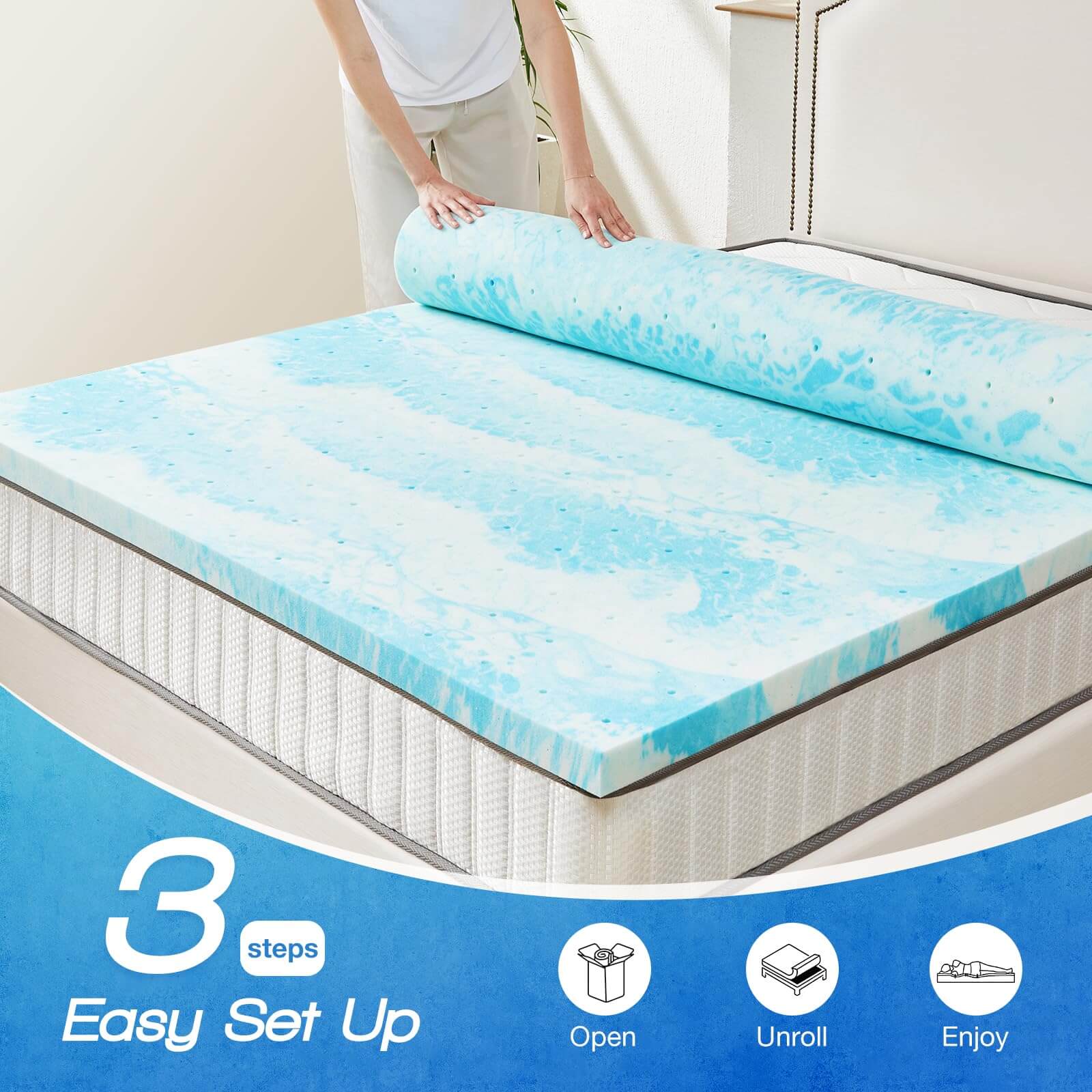 Memory Foam Cooling Gel Swirl Infused Bed Topper For Back Pain,3 Inches,Twin Blue Cotton