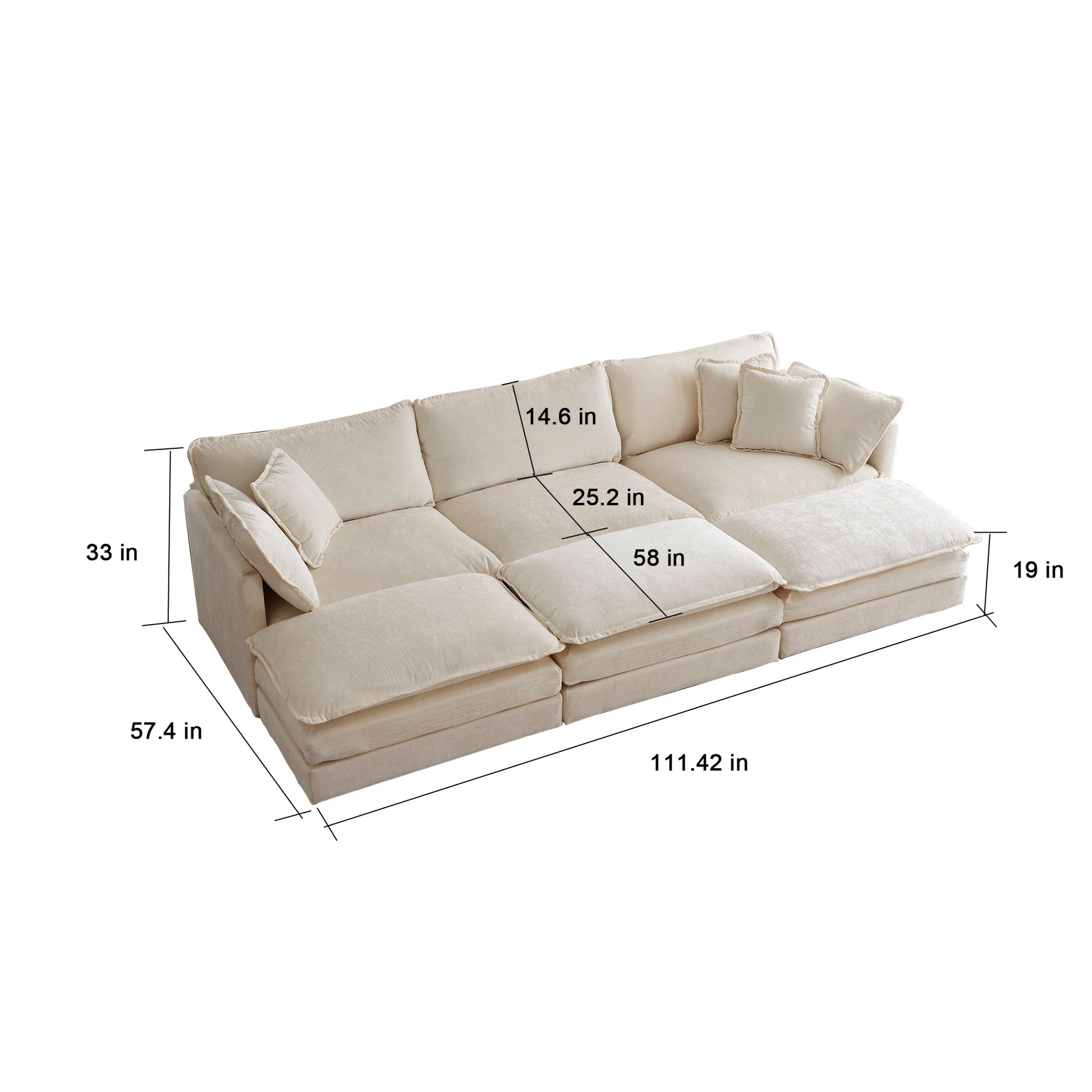 Comfortable Deep Seat Reversible Modular 6 Seater Sectional Super Soft Sofa U Shaped Sectional Couch With 3 Ottomans, 3 Toss Pillows And 2 Arm Pillowsbeige Chenille Beige Chenille 3 Seat