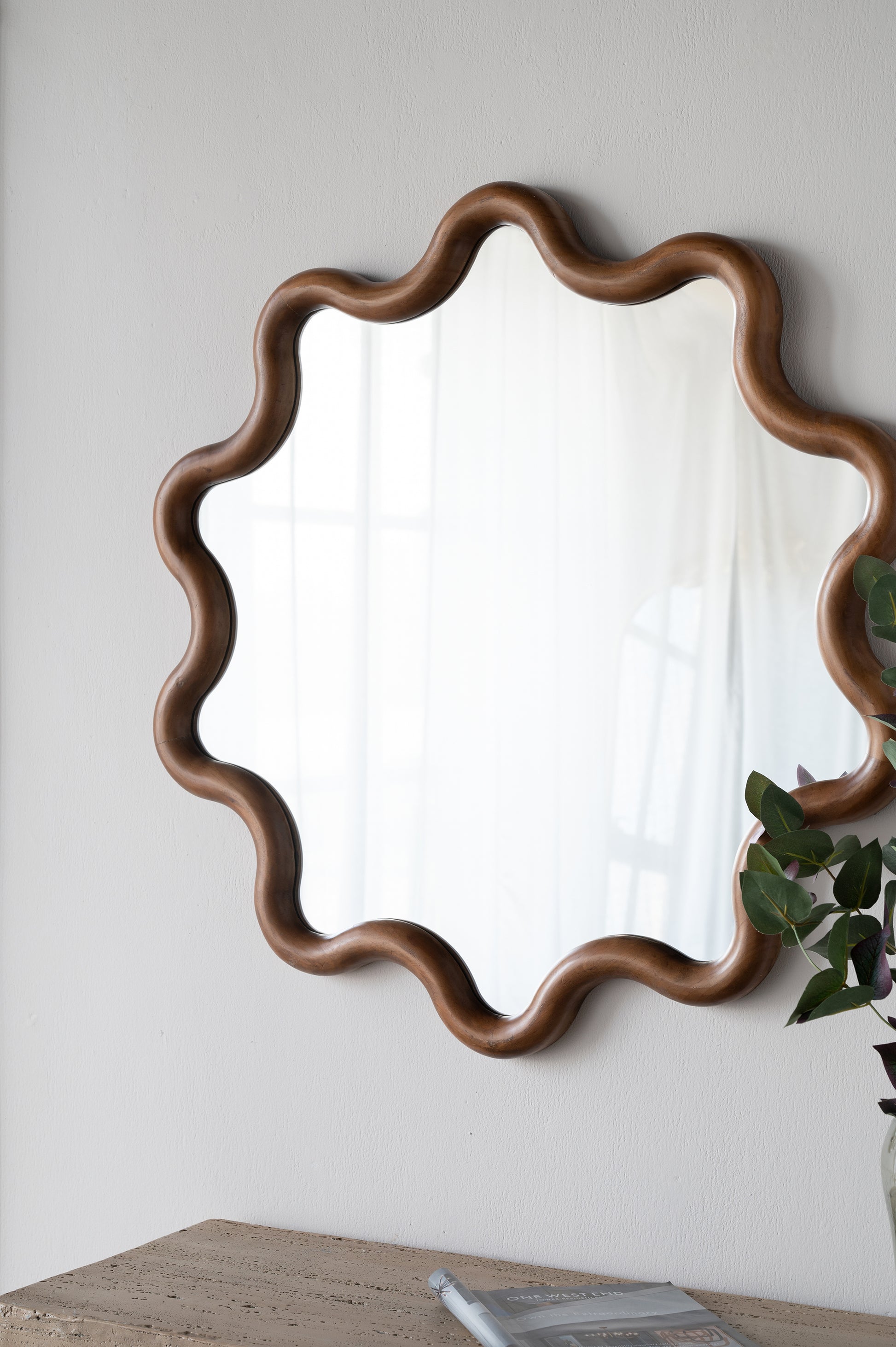 31" X 30" Wooden Accent Mirror With Unique Frame, Wall Mirror For Living Room Bedroom Entryway Brown Pine