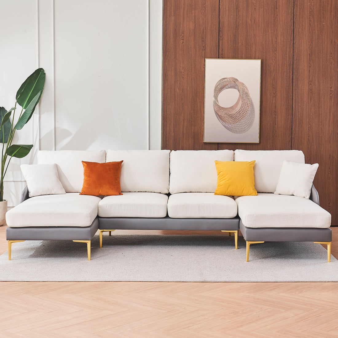 Modern Large Area Linen Leathaire Fabric Color Matching Segmented Sofa, Ultra Wide Lounge Chair, Golden Legs, U Shaped, Gray White Grey Primary Living Space Wood