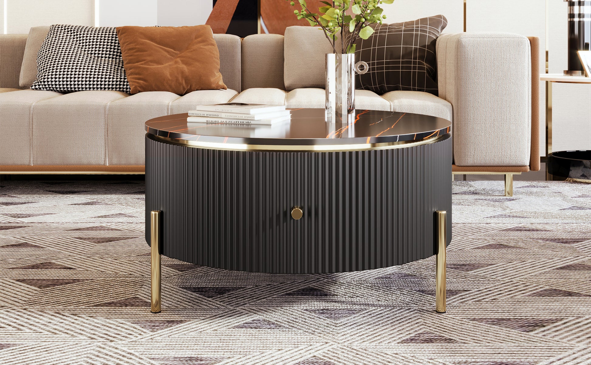 Modern Round Coffee Table With 2 Large Drawers Storage Accent Table 31.5'' Black Mdf