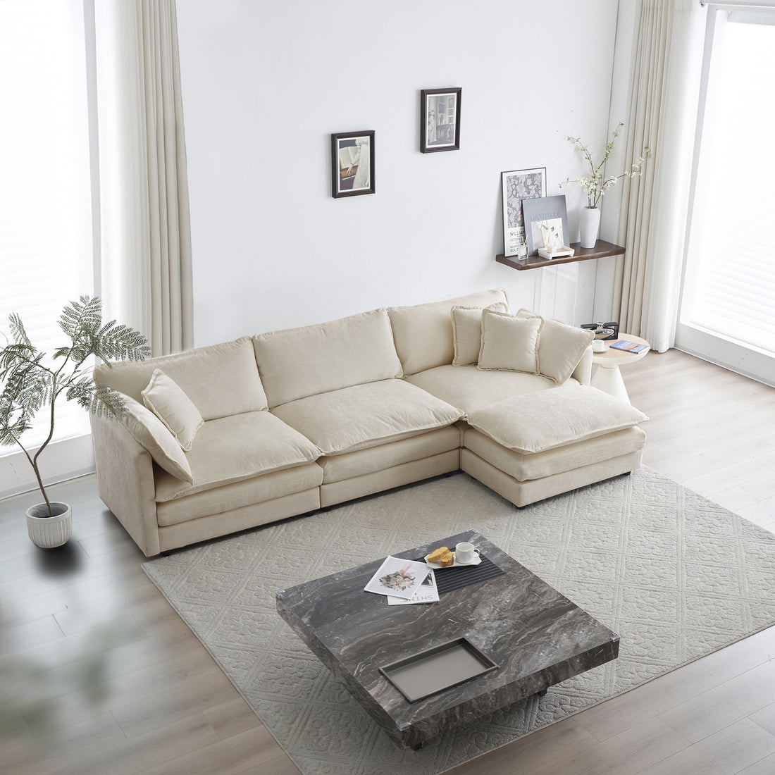 Free Combination Comfy Upholstery Modular Oversized L Shaped Sectional Sofa With Reversible Ottoman, Beige Chenille Beige Chenille 3 Seat