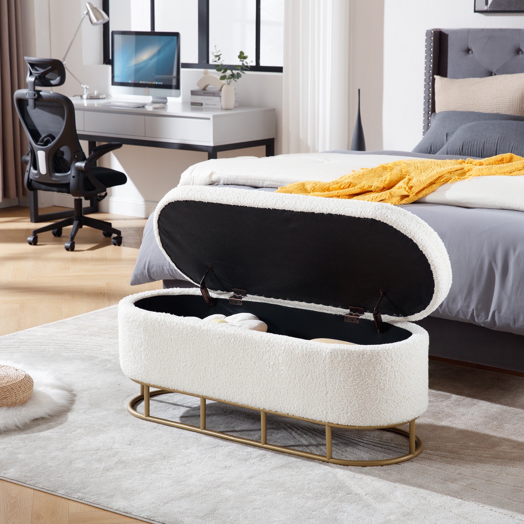 Oval Storage Bench for Living Room Bedroom End of cream-primary living space-modern-metal-internal