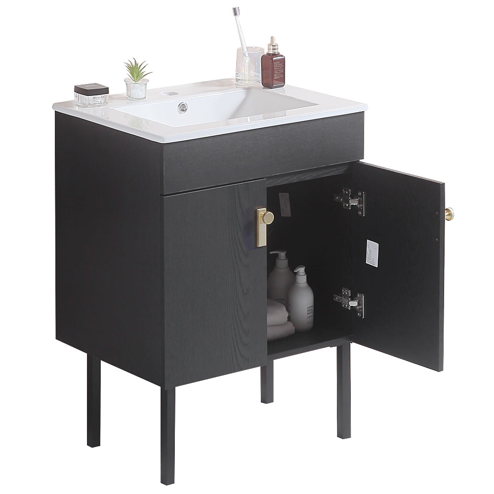 24" Bathroom Vanity with Metal Leg,with White Ceramic black-solid wood