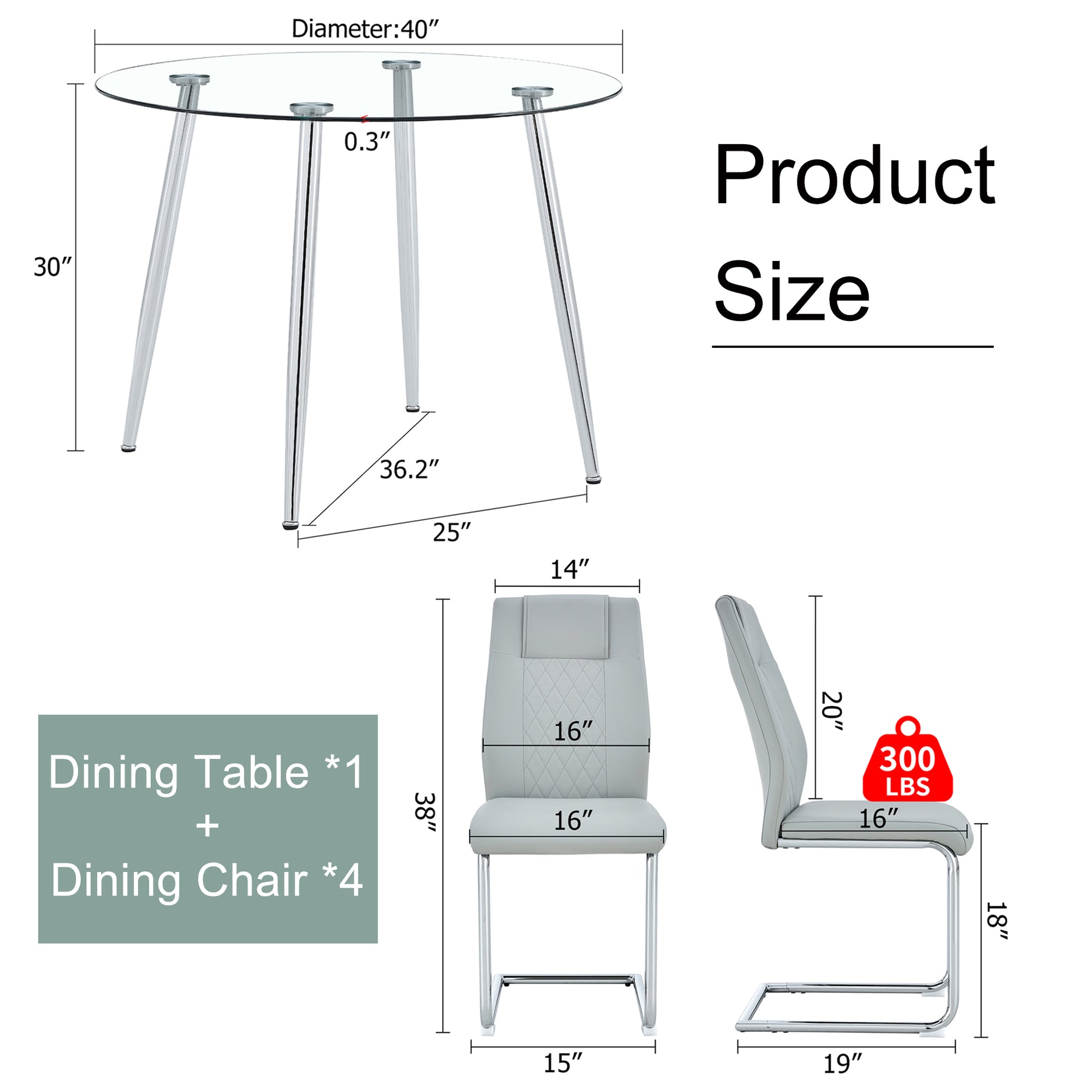 Table And Chair Set. 1 Table 4 Light Gray Chairs Round Dining Table With A 40 Inch Diameter Glass Tabletop And Silver Plated Metal Legs. 4 Light Gray Pu Chairs Dt 1164 001 Transparent Seats 4 Glass