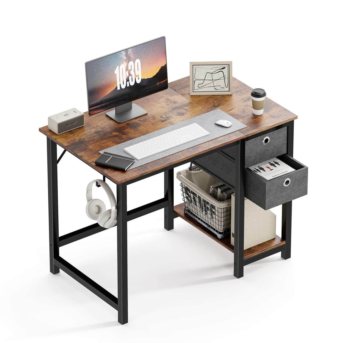 Modern Simple Style Home Office Writing Desk With 2 Tier Drawers Storage,Vintage Rustic,40In Brown Iron