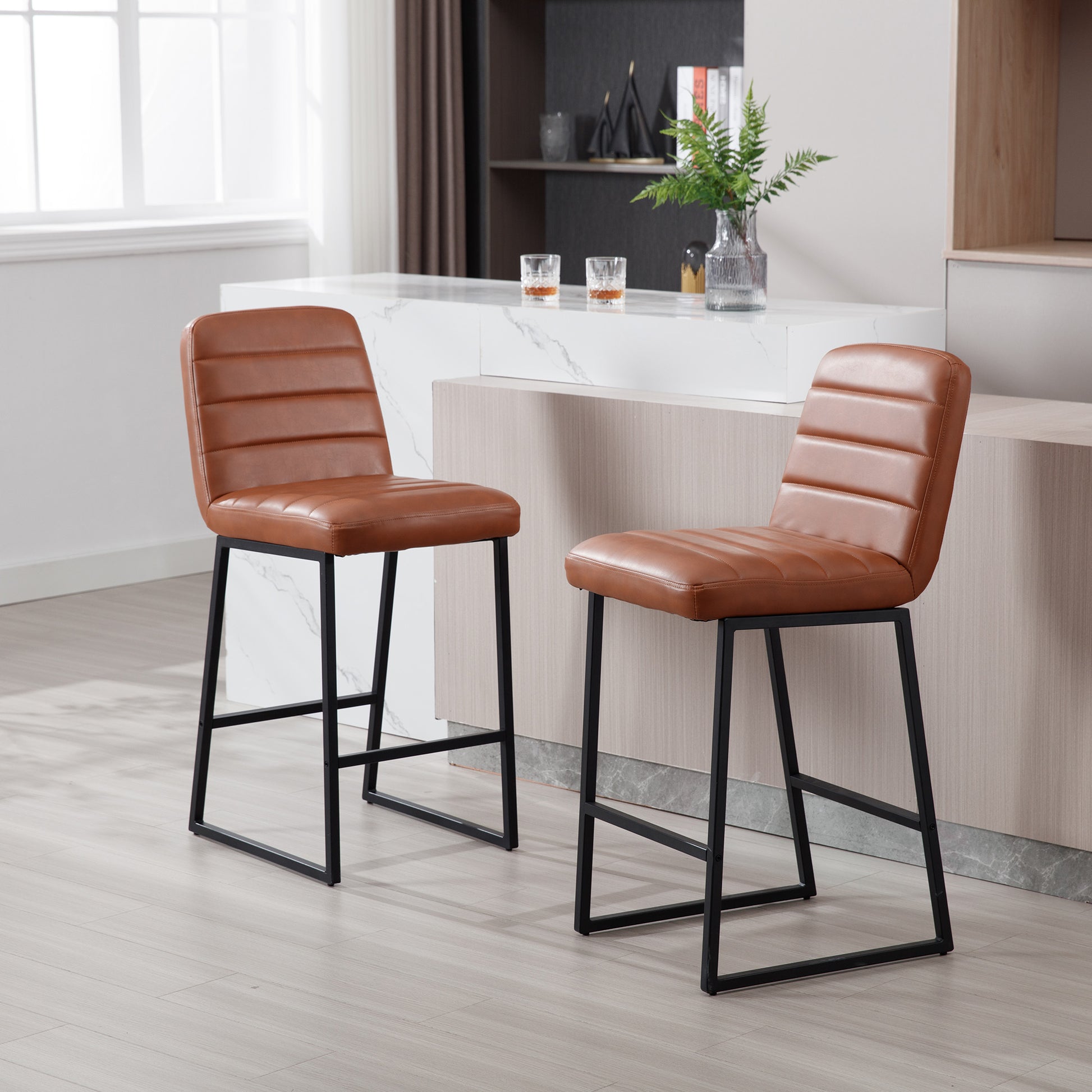 Low Bar Stools Set Of 2 Bar Chairs For Living Room Party Room Kitchen,Upholstered Pu Kitchen Breakfast Bar Stools With Footrest,Brown Brown Pu Kitchen Foam Dry Clean Modern Bar Stools Foam Pu Leather