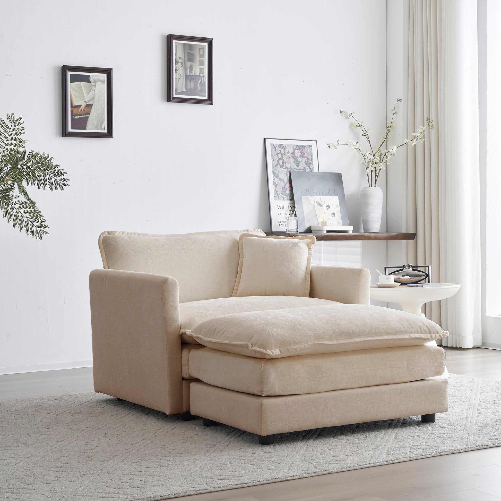 Modern Accent Chair With Ottoman, Living Room Club Chair Chenille Upholstered Armchairreading Chair For Bedroom, Beige Chenille Beige Chenille 1 Seat