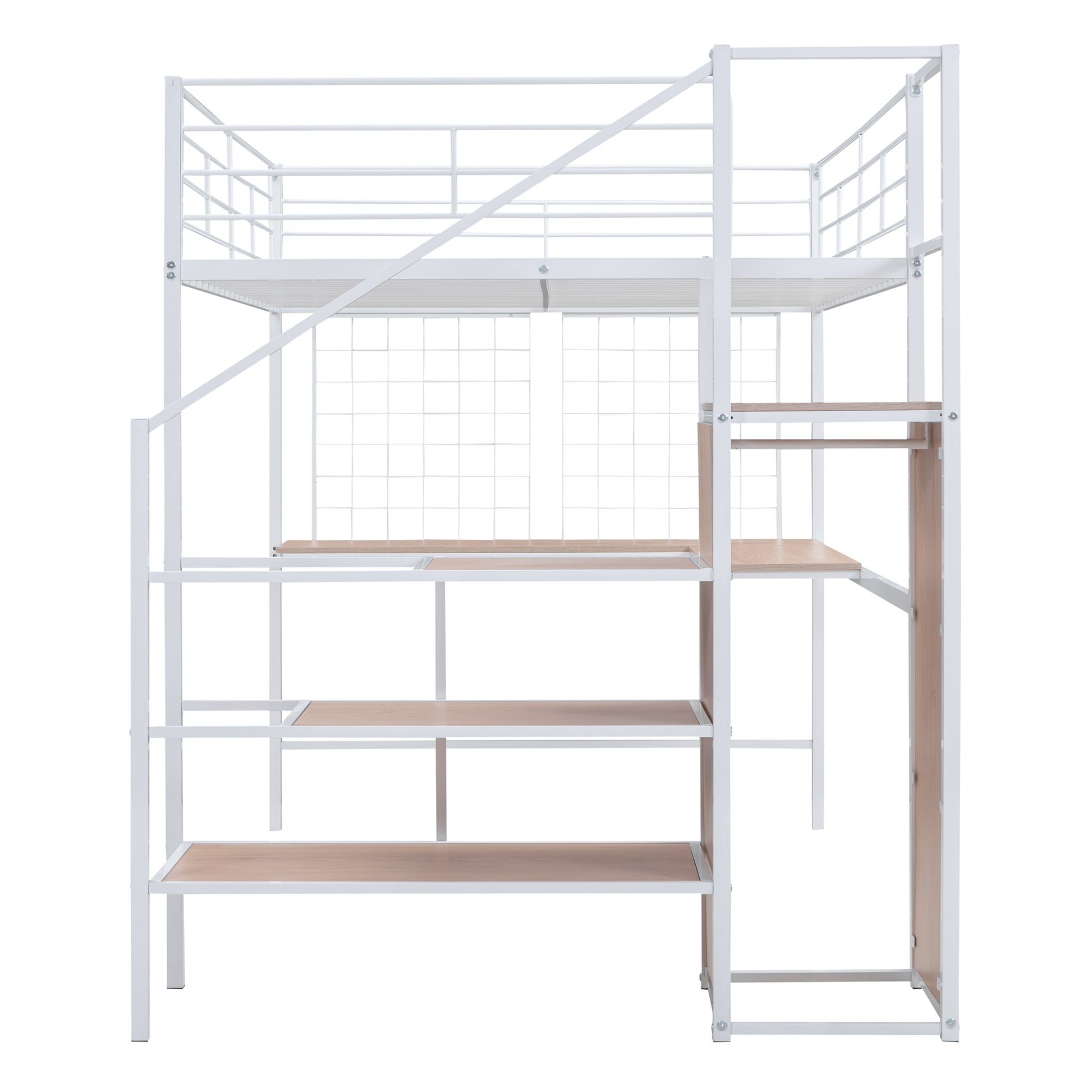 Full Size Metal Loft Bed With Desk And Metal Grid, Stylish Metal Frame Bed With Lateral Storage Ladder And Wardrobe, White White Metal