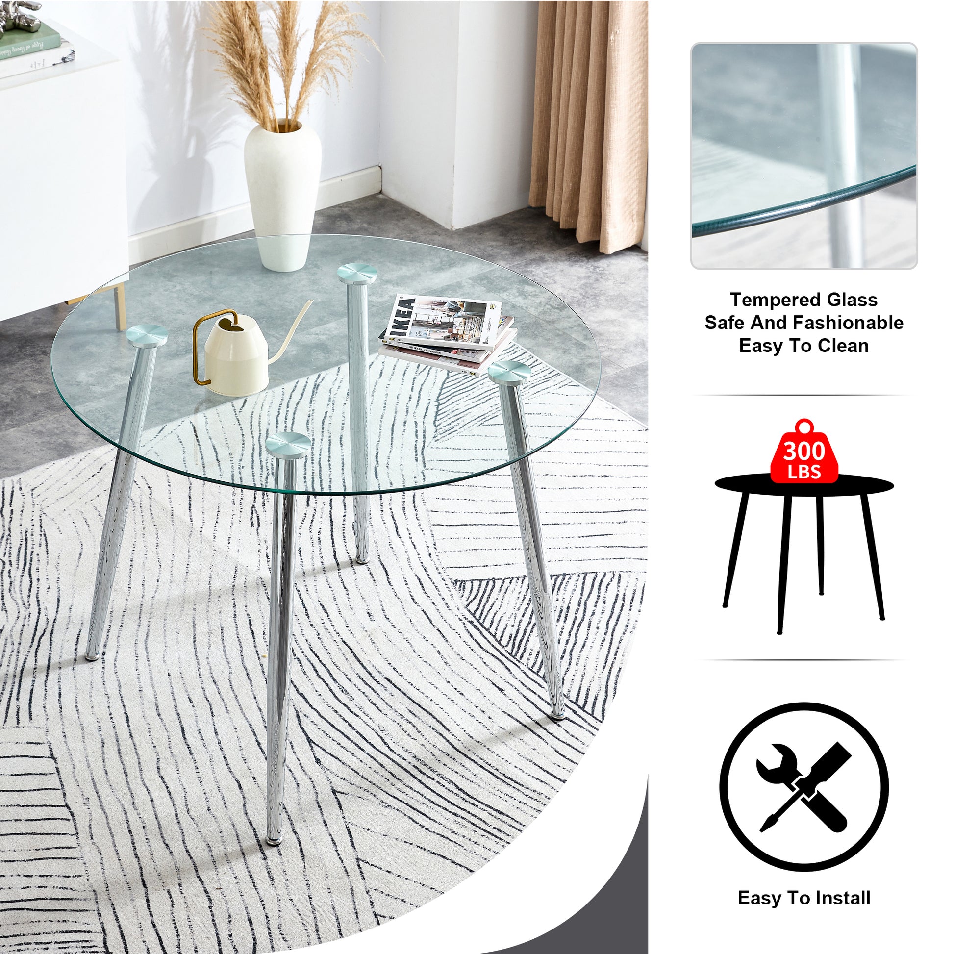 Table And Chair Set. 1 Table 4 Chairs Set A Circular Dining Table With A 40 Inch Diameter Glass Tabletop And Electroplated Metal Legs. 4 White Pu Chairs Dt 1164 001 Transparent Seats 4 Glass