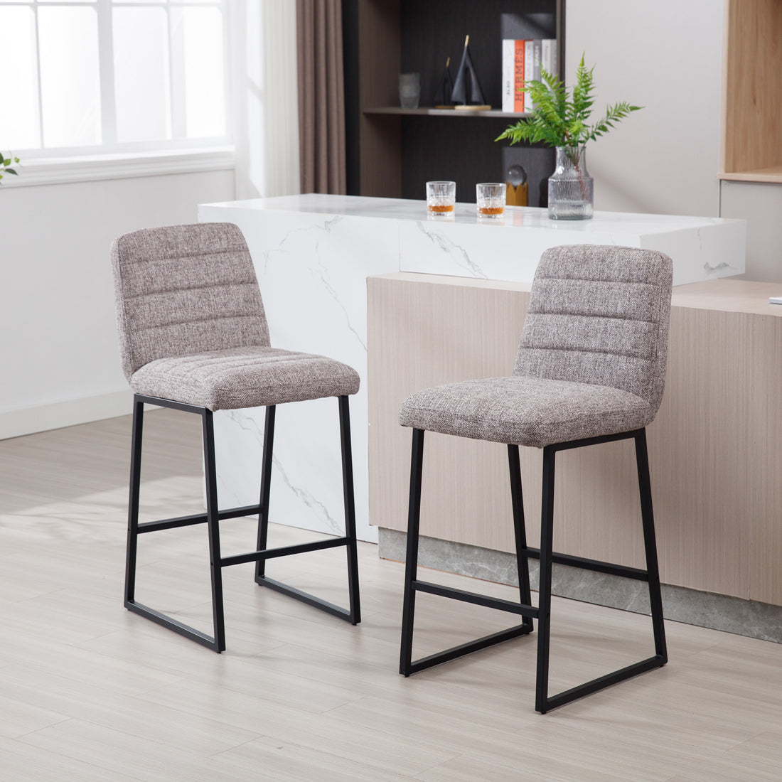 Low Bar Stools Set Of 2 Bar Chairs For Living Room Party Room Kitchen,Upholstered Linen Fabric Kitchen Breakfast Bar Stools With Footrest,Coffee Coffee Kitchen Foam Dry Clean Modern Bar Stools Foam Linen