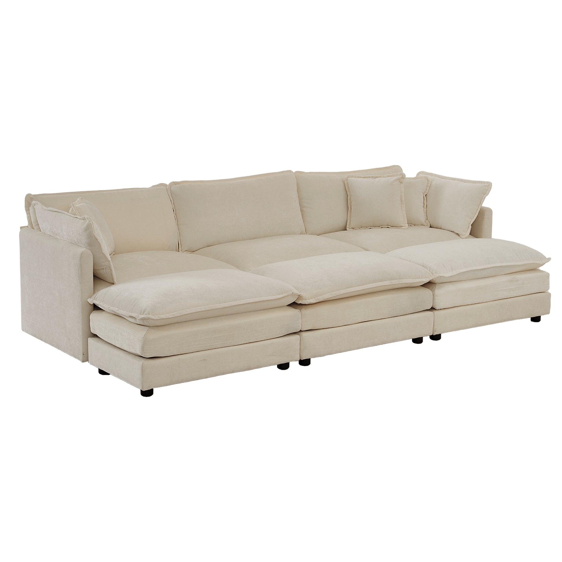 Comfortable Deep Seat Reversible Modular 6 Seater Sectional Super Soft Sofa U Shaped Sectional Couch With 3 Ottomans, 3 Toss Pillows And 2 Arm Pillowsbeige Chenille Beige Chenille 3 Seat