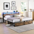 Queen Bed Frame, Storage Headboard With Charging Station, Solid And Stable, Noise Free, No Box Spring Needed, Easy Assembly Queen Antique Brown Metal Bedroom Bed Frame Metal & Wood