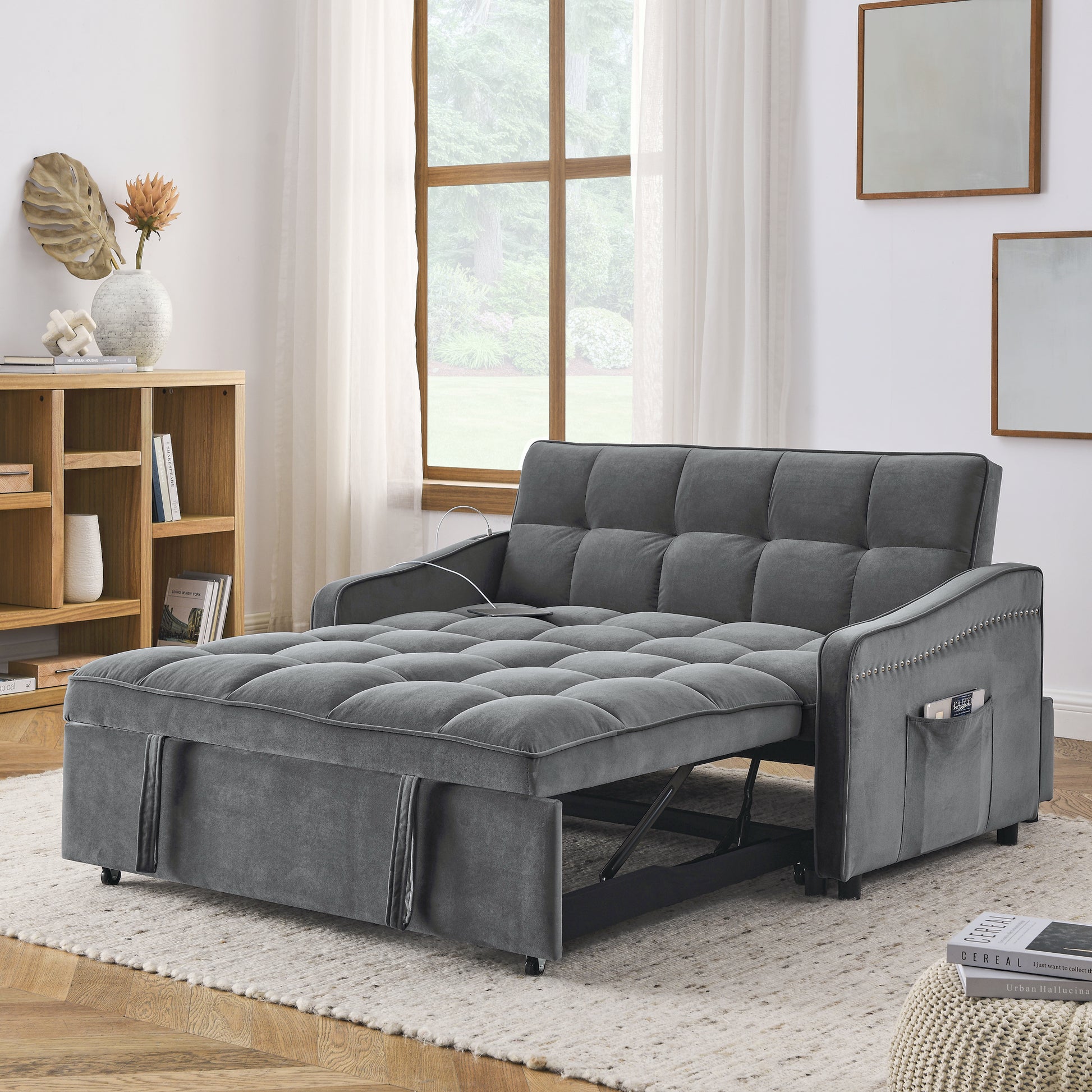 Loveseats Sofa Bed With Pull Out Bed,Adjsutable Back And Two Arm Pocket,Typec And Usb Charging With Copper Nail,Grey 47"X53"X31" Grey Velvet Classic,Contemporary,Glam,Luxury,Mid Century Modern Foam