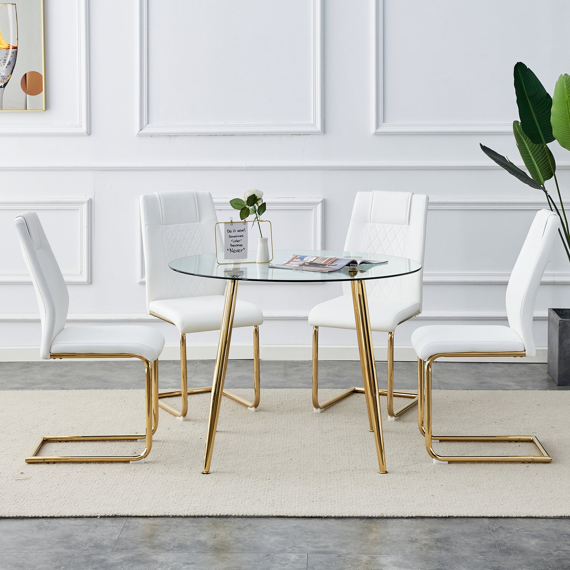 Table And Chair Set, Circular Dining Table, Glass Tabletop With A Diameter Of 40 Inches And Gold Plated Metal Legs, Paired With 4 White Pu Cushions And Gold Plated Metal Foot Dining Chairs. Dt 1164 Golden Metal