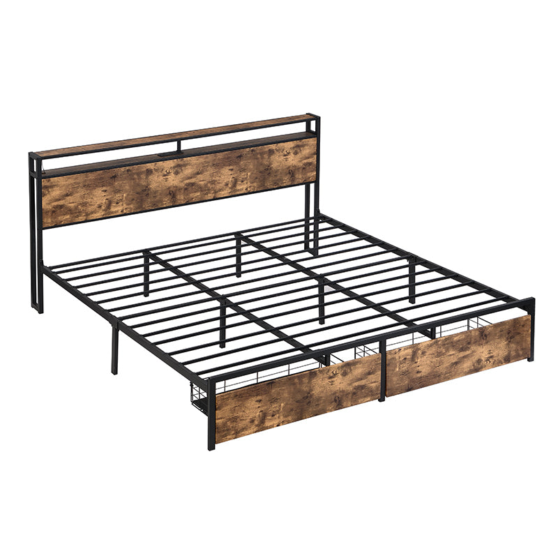 King Bed Frame, Storage Headboard With Charging Station, Solid And Stable, Noise Free, No Box Spring Needed, Easy Assembly King Antique Brown Metal Bedroom Bed Frame Metal & Wood