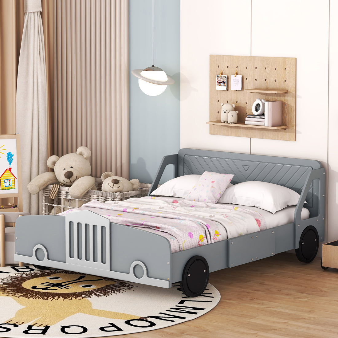 Full Size Car Shaped Platform Bed With Wheels,Gray Gray Plywood