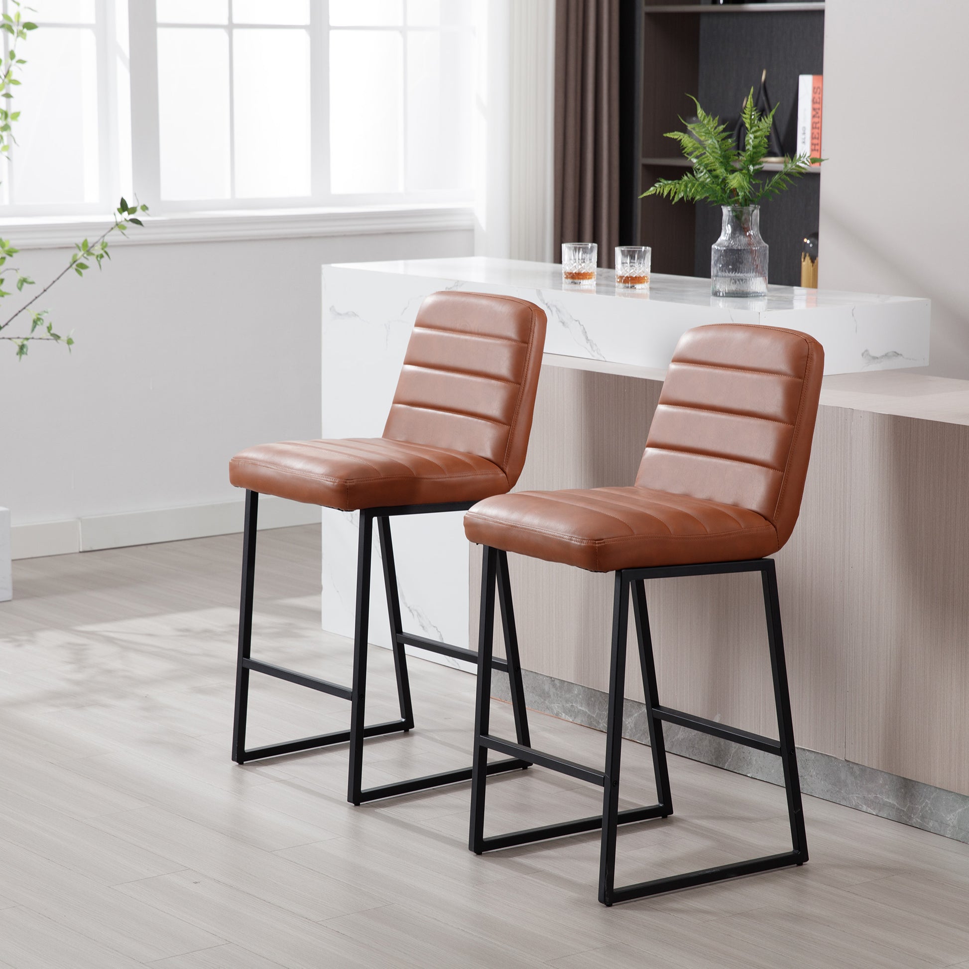 Low Bar Stools Set Of 2 Bar Chairs For Living Room Party Room Kitchen,Upholstered Pu Kitchen Breakfast Bar Stools With Footrest,Brown Brown Pu Kitchen Foam Dry Clean Modern Bar Stools Foam Pu Leather