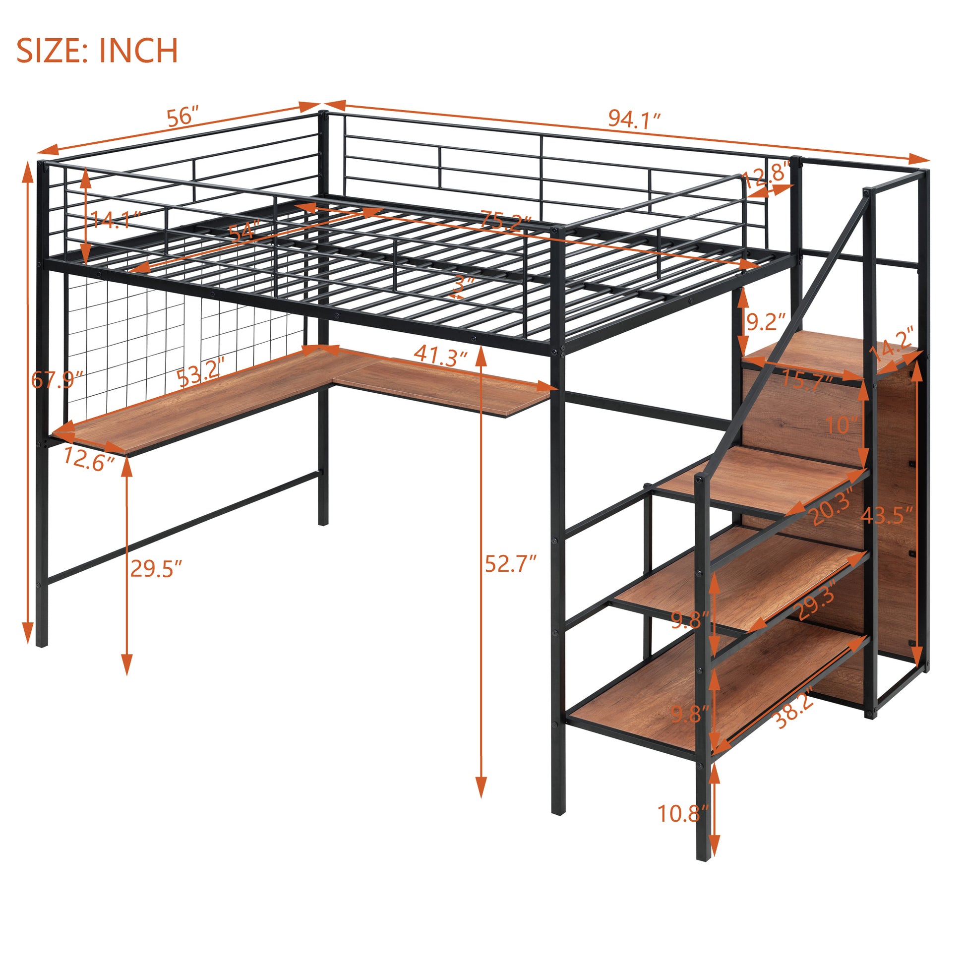 Full Size Metal Loft Bed With Desk And Metal Grid, Stylish Metal Frame Bed With Lateral Storage Ladder And Wardrobe, Black Black Metal