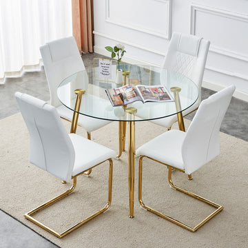 Table And Chair Set, Circular Dining Table, Glass Tabletop With A Diameter Of 40 Inches And Gold Plated Metal Legs, Paired With 4 White Pu Cushions And Gold Plated Metal Foot Dining Chairs. Dt 1164 Golden Metal