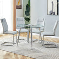 Table And Chair Set. 1 Table 4 Light Gray Chairs Round Dining Table With A 40 Inch Diameter Glass Tabletop And Silver Plated Metal Legs. 4 Light Gray Pu Chairs Dt 1164 001 Transparent Seats 4 Glass