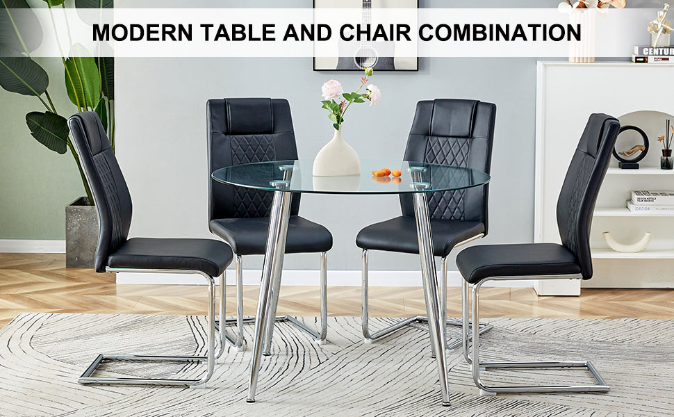 Table And Chair Set. 1 Table 4 Black Chairs Round Dining Table With A 40 Inch Diameter Glass Tabletop And Silver Plated Metal Legs. 4 Black Pu Chairs Dt 1164 001 Transparent Seats 4 Glass