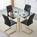 Table And Chair Set. Round Dining Table, Glass Tabletop With A Diameter Of 40 Inches, And Gold Plated Metal Legs, Paired With 4 Black Pu Cushions And A Dining Chair With Gold Plated Metal Feet. Dt1164 Golden Metal