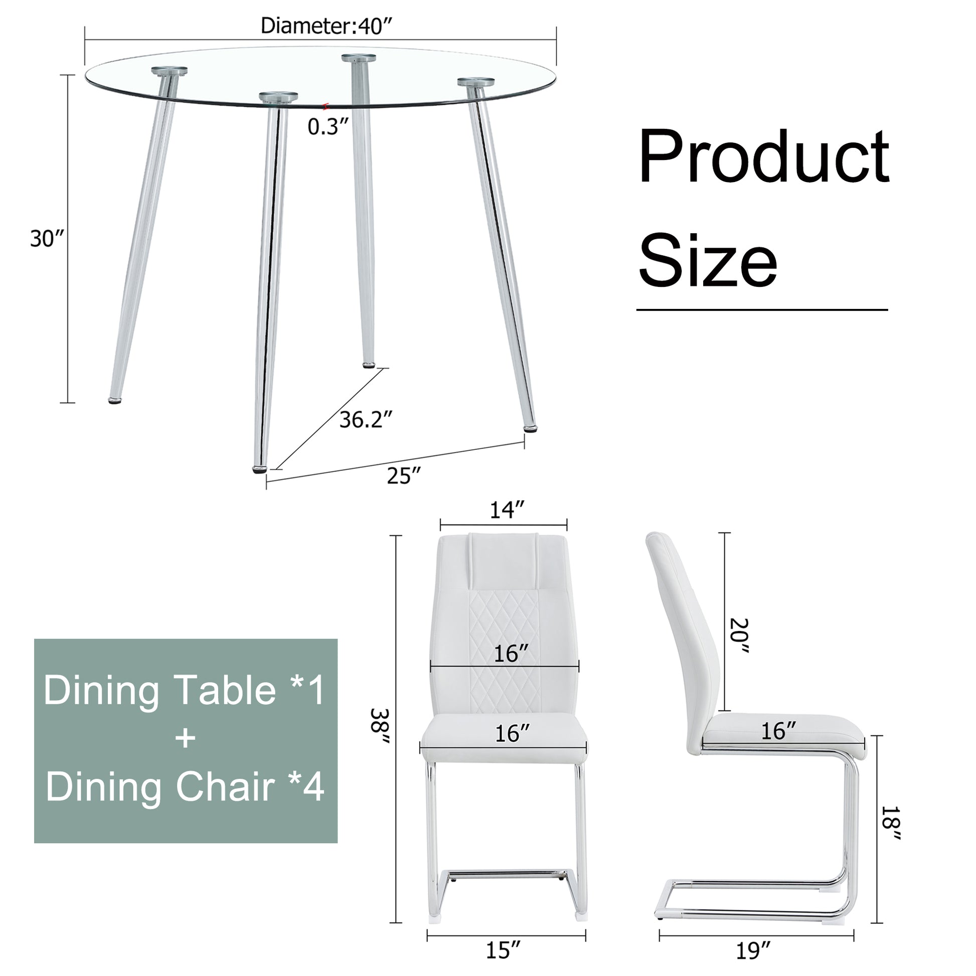 Table And Chair Set. 1 Table 4 Chairs Set A Circular Dining Table With A 40 Inch Diameter Glass Tabletop And Electroplated Metal Legs. 4 White Pu Chairs Dt 1164 001 Transparent Seats 4 Glass