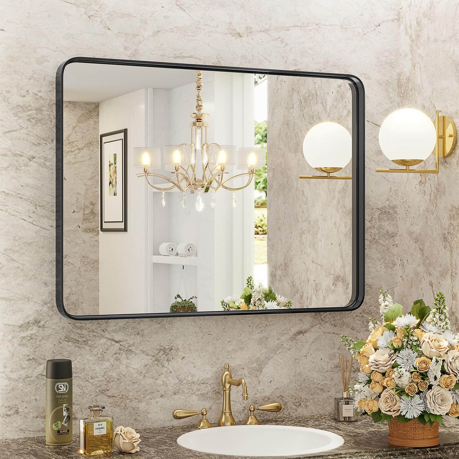 Bathroom Mirror Vanity Mirror For Wall,Aluminum Alloy Framed Wall Mirror Farmhouse,40" 30" Black Fiberglass