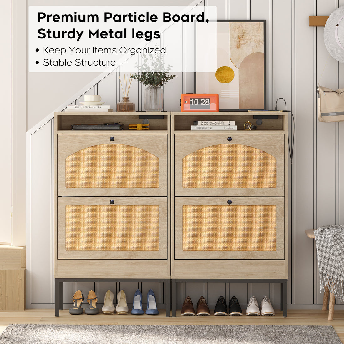 Shoe Storage Cabinet With Rattan Flip Doors Natural Mdf