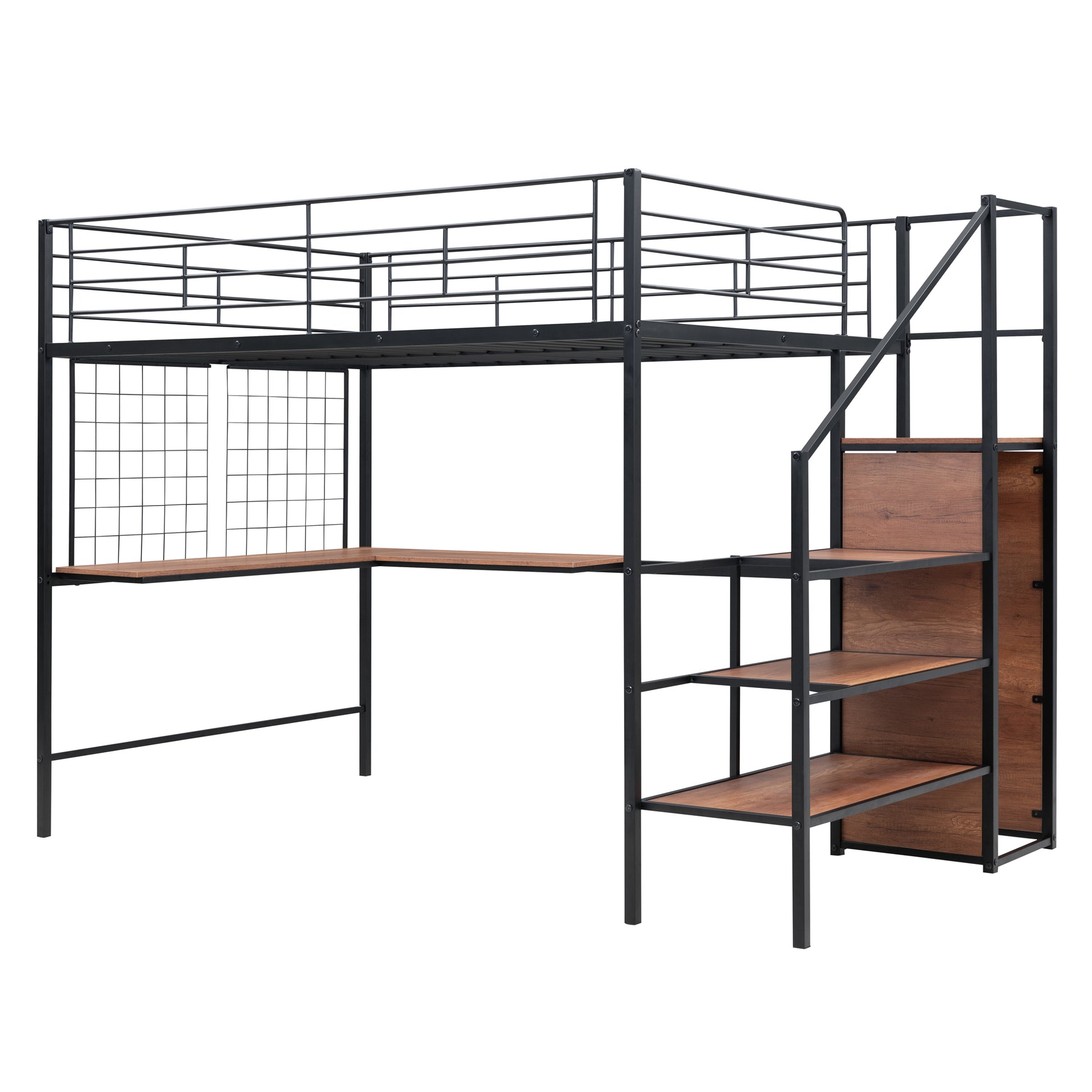 Full Size Metal Loft Bed With Desk And Metal Grid, Stylish Metal Frame Bed With Lateral Storage Ladder And Wardrobe, Black Black Metal