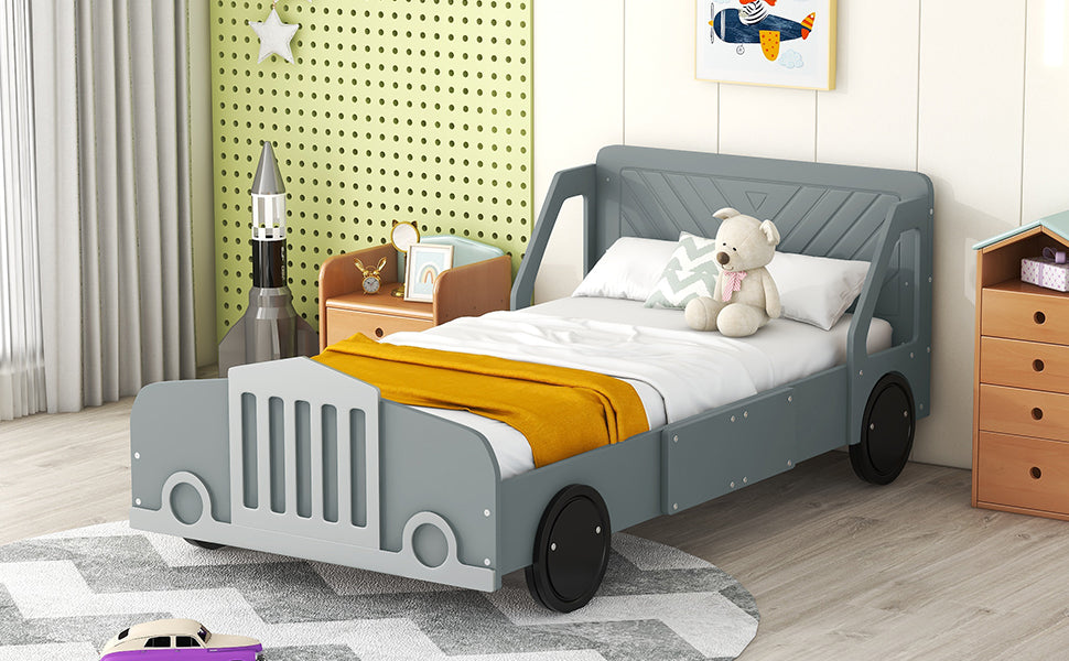 Twin Size Car Shaped Platform Bed With Wheels,Gray Gray Plywood
