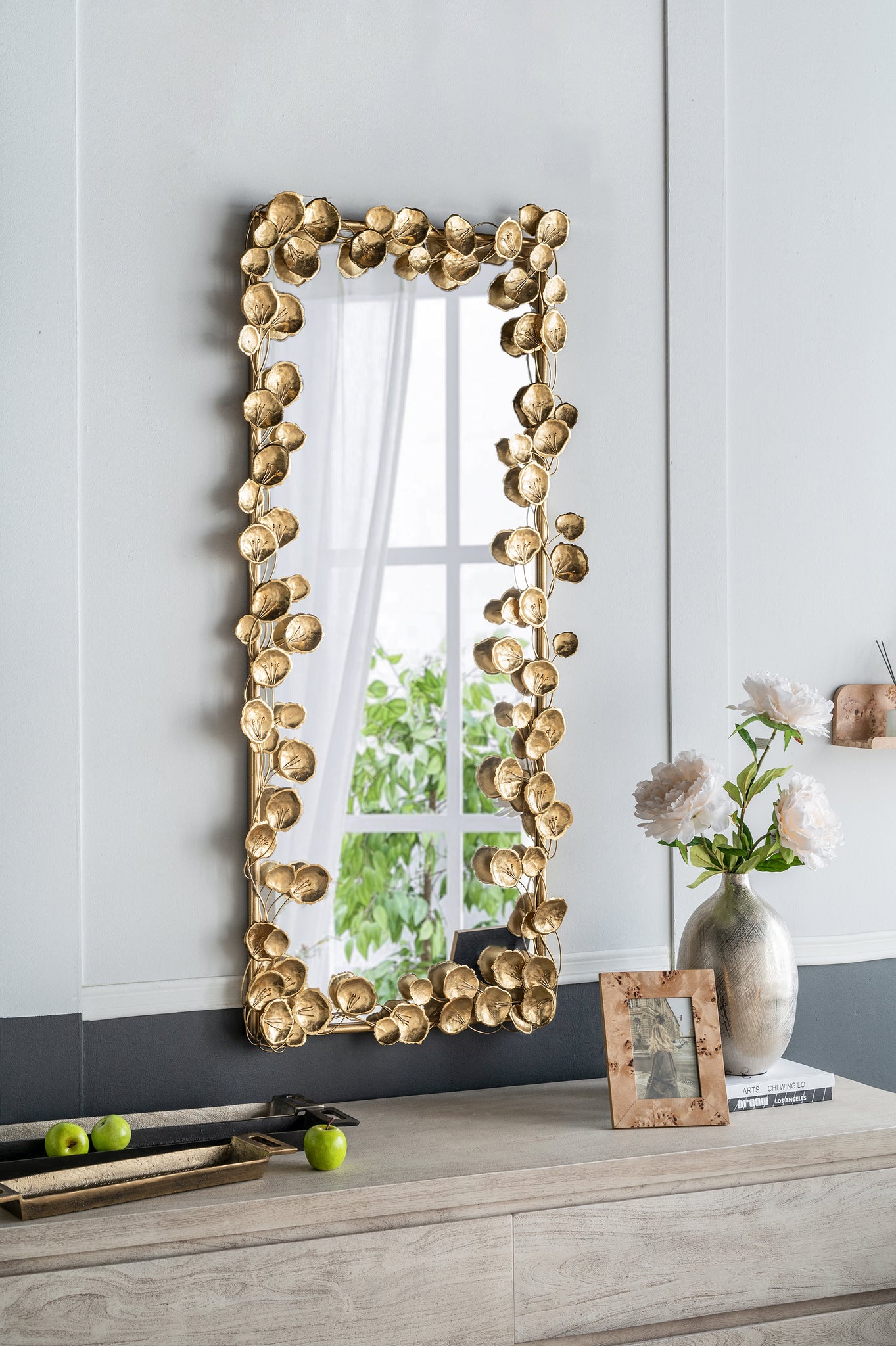 61" X 31" Full Length Mirror With Golden Leaf Accents, Floor Miiror For Living Room Bedroom Gold Iron