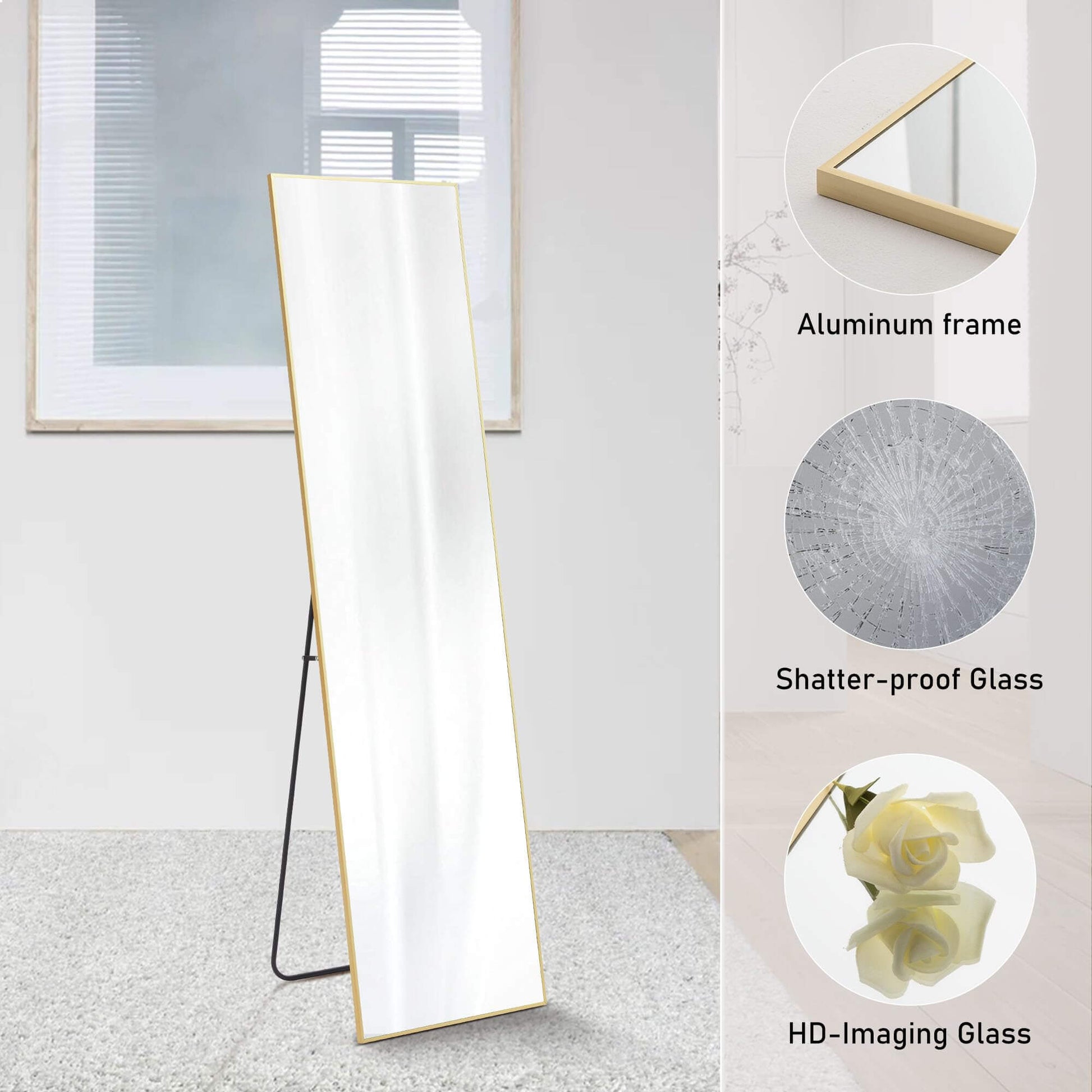 Floor Standing Mirror, Wall Mirror With Stand Aluminum Alloy Thin Frame,16''*59'',Gold Rect Gold Fiberglass