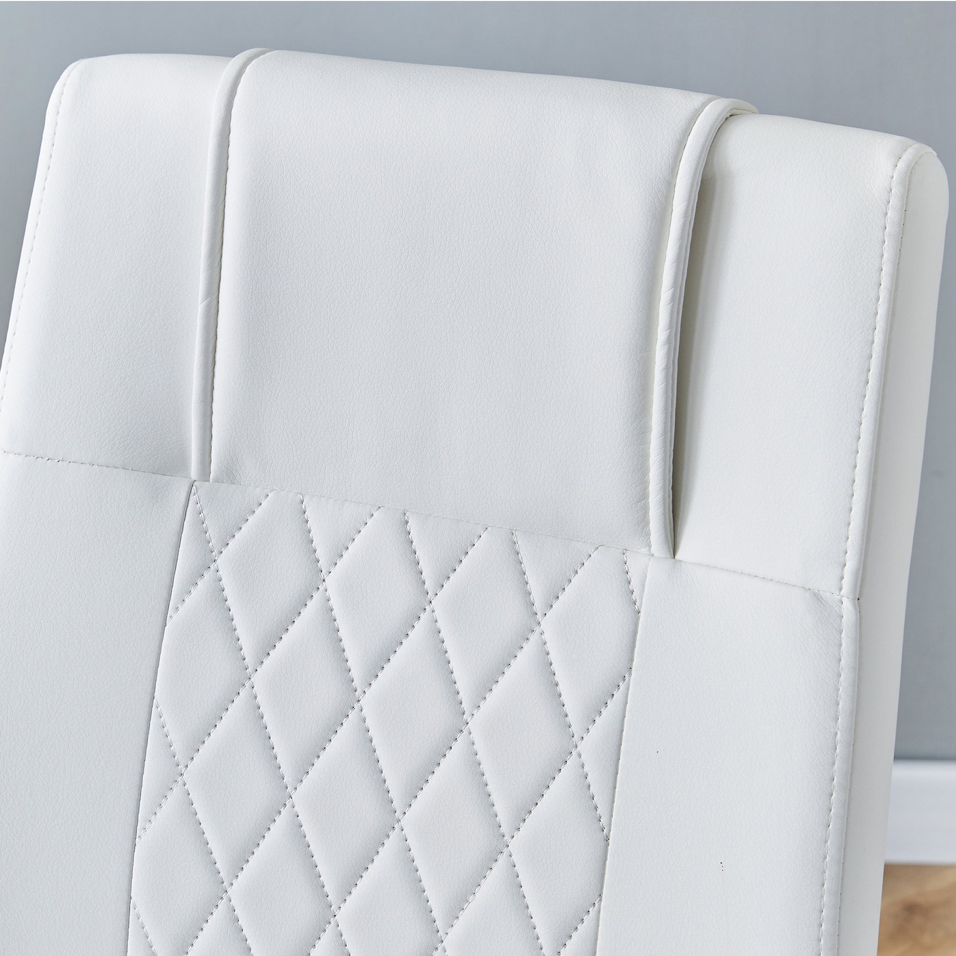 Table And Chair Set. 1 Table 4 Chairs Set A Circular Dining Table With A 40 Inch Diameter Glass Tabletop And Electroplated Metal Legs. 4 White Pu Chairs Dt 1164 001 Transparent Seats 4 Glass