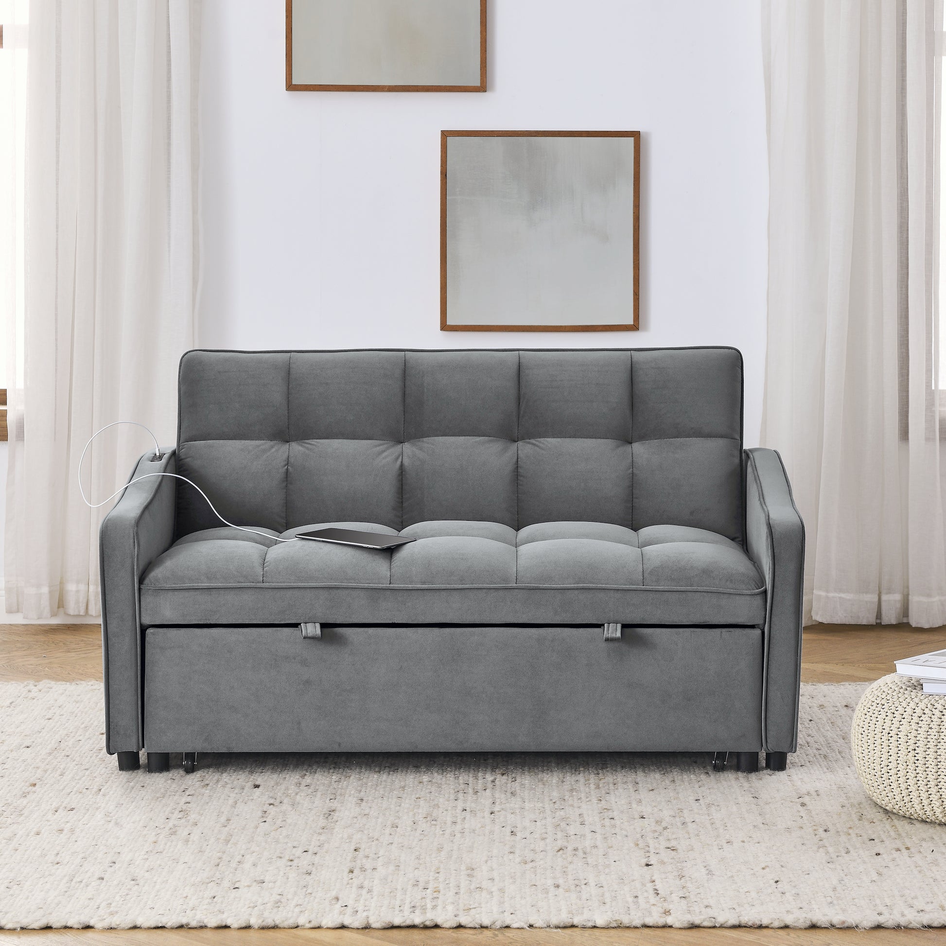 Loveseats Sofa Bed With Pull Out Bed,Adjsutable Back And Two Arm Pocket,Typec And Usb Charging With Copper Nail,Grey 47"X53"X31" Grey Velvet Classic,Contemporary,Glam,Luxury,Mid Century Modern Foam