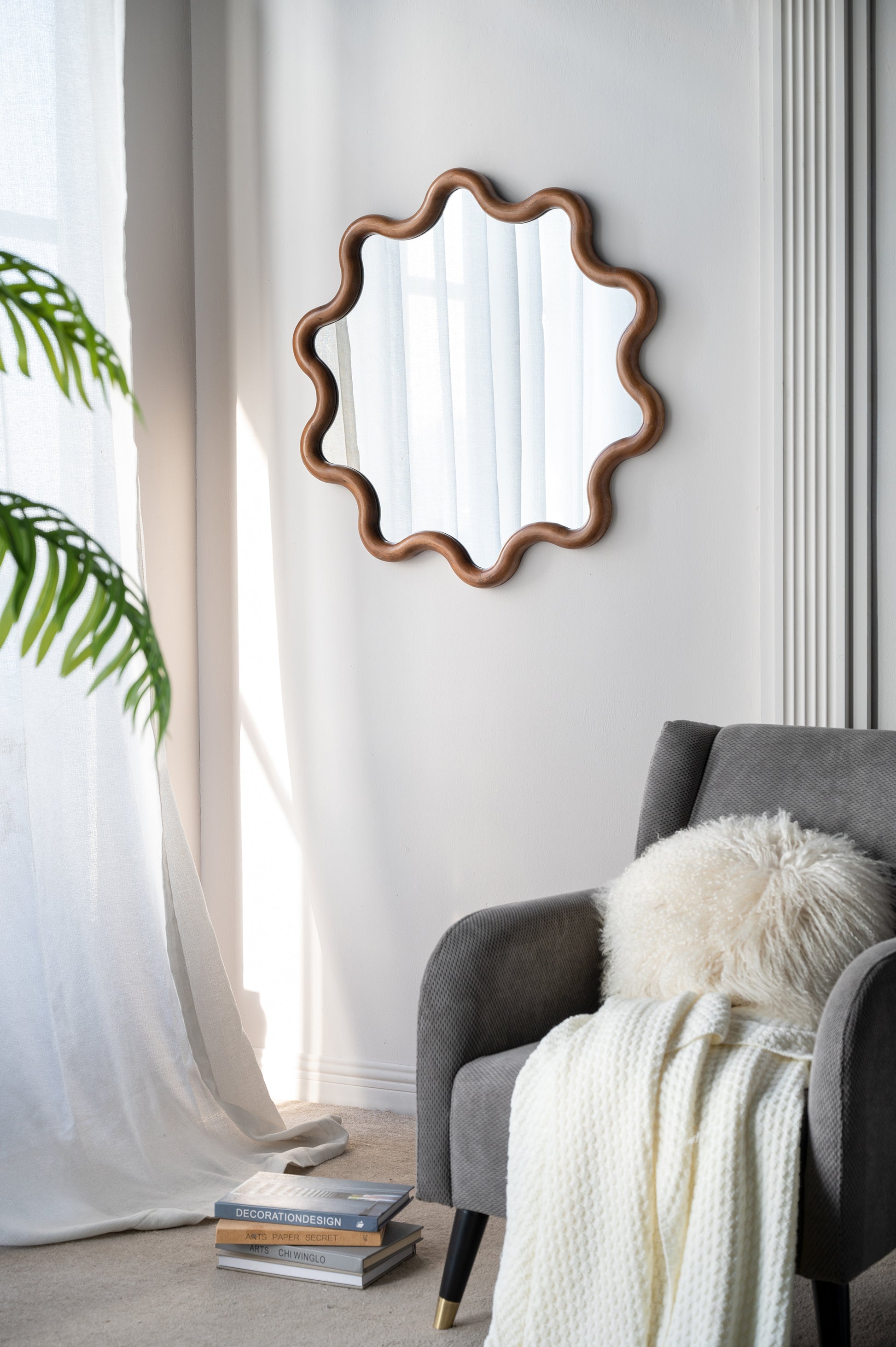 31" X 30" Wooden Accent Mirror With Unique Frame, Wall Mirror For Living Room Bedroom Entryway Brown Pine