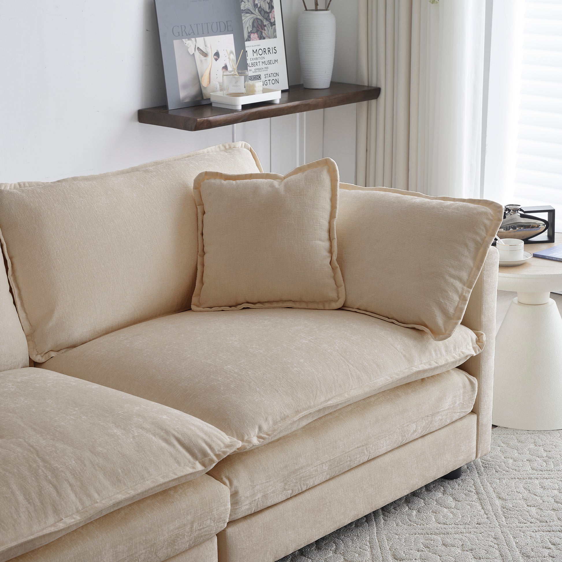 Chenille Fabric Ottomans Footrest To Combine With 2 Seater Sofa, 3 Seater Sofa And 4 Seater Sofa, Beige Beige Chenille