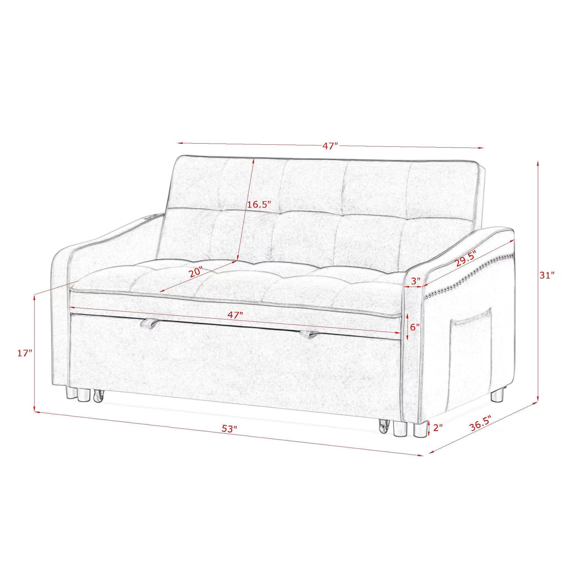 Loveseats Sofa Bed With Pull Out Bed,Adjsutable Back And Two Arm Pocket,Typec And Usb Charging With Copper Nail,Beige 47"X53"X31" Beige Foam