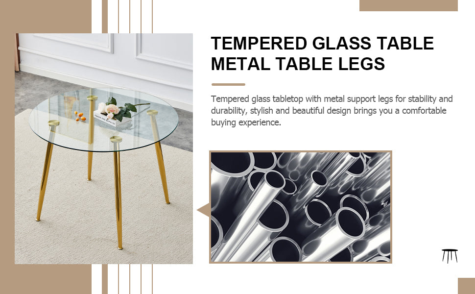 Table And Chair Set. Round Dining Table, Glass Tabletop With A Diameter Of 40 Inches, And Gold Plated Metal Legs, Paired With 4 Black Pu Cushions And A Dining Chair With Gold Plated Metal Feet. Dt1164 Golden Metal