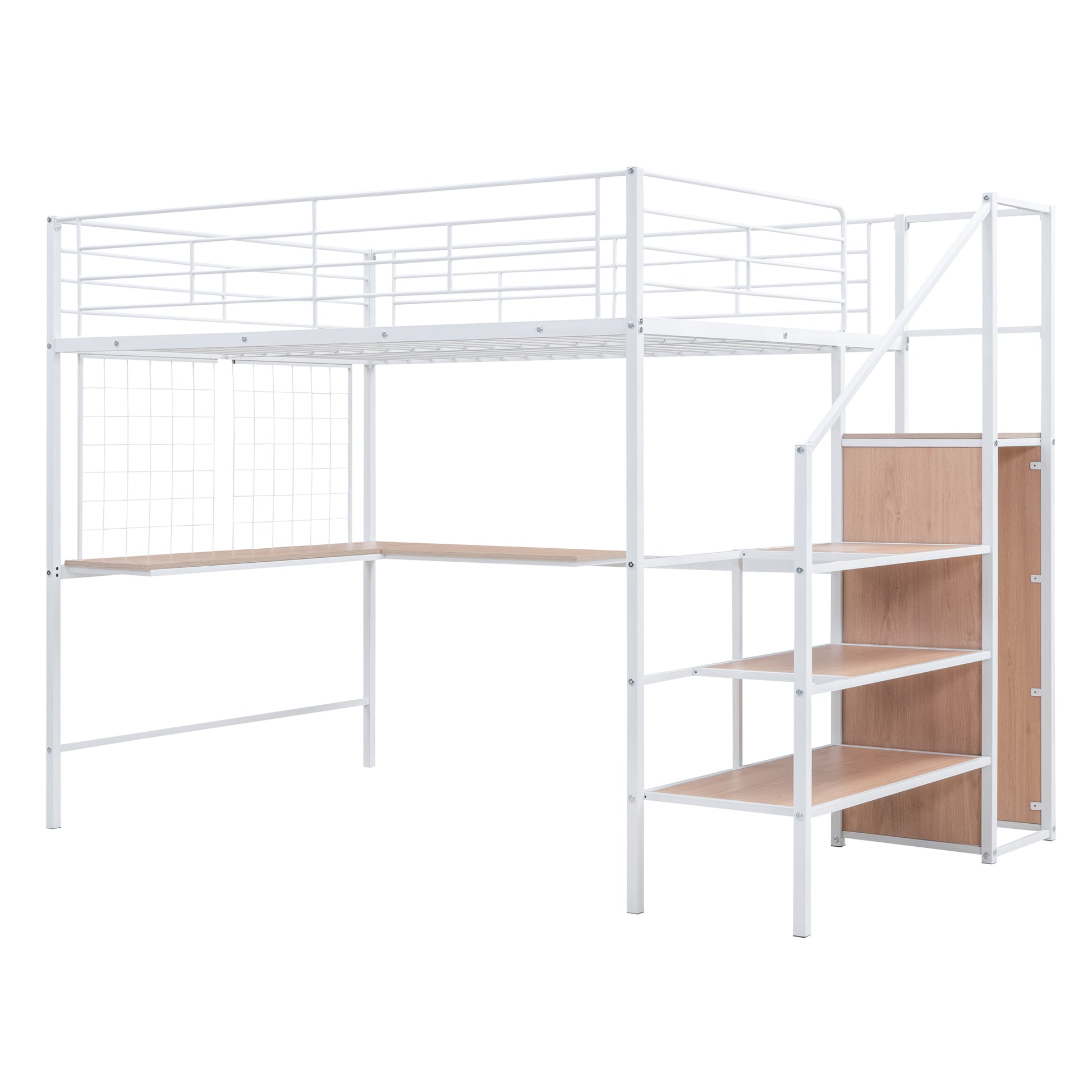 Full Size Metal Loft Bed With Desk And Metal Grid, Stylish Metal Frame Bed With Lateral Storage Ladder And Wardrobe, White White Metal