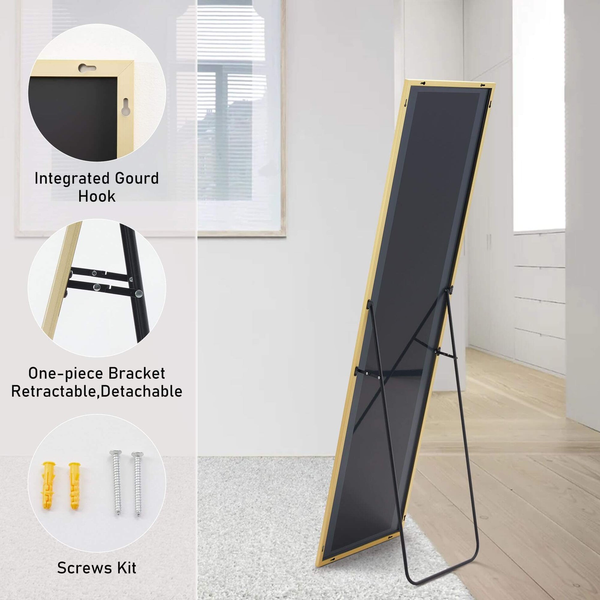 Floor Standing Mirror, Wall Mirror With Stand Aluminum Alloy Thin Frame,16''*59'',Gold Rect Gold Fiberglass