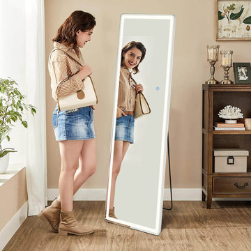 3 Color Lighting Mirror With Led Lights, 64"X21" Lighted Floor Standing Mirror With Stand Black Fiberglass