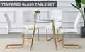 Table And Chair Set, Circular Dining Table, Glass Tabletop With A Diameter Of 40 Inches And Gold Plated Metal Legs, Paired With 4 White Pu Cushions And Gold Plated Metal Foot Dining Chairs. Dt 1164 Golden Metal